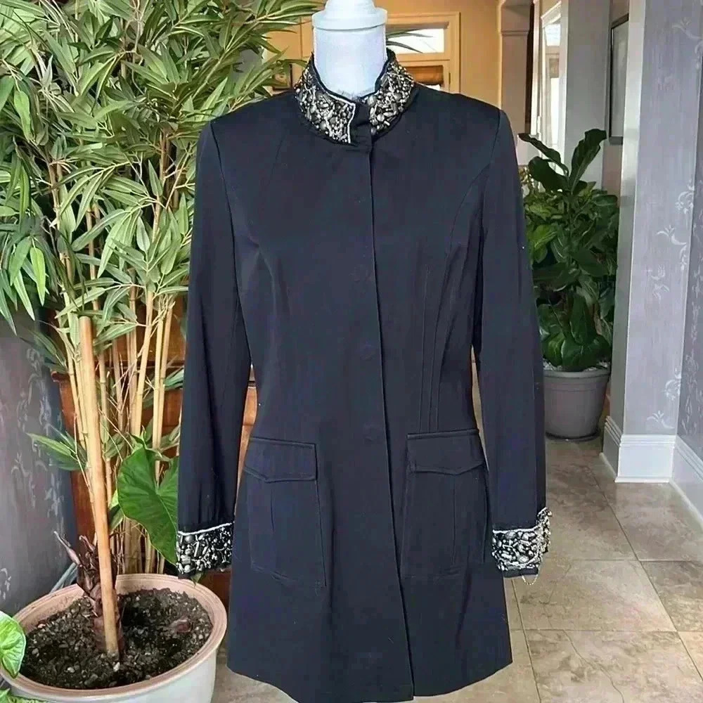 V Christina Vintage black long jacket. Size Large. Snap closure jeweled in gold - Picture 4 of 16